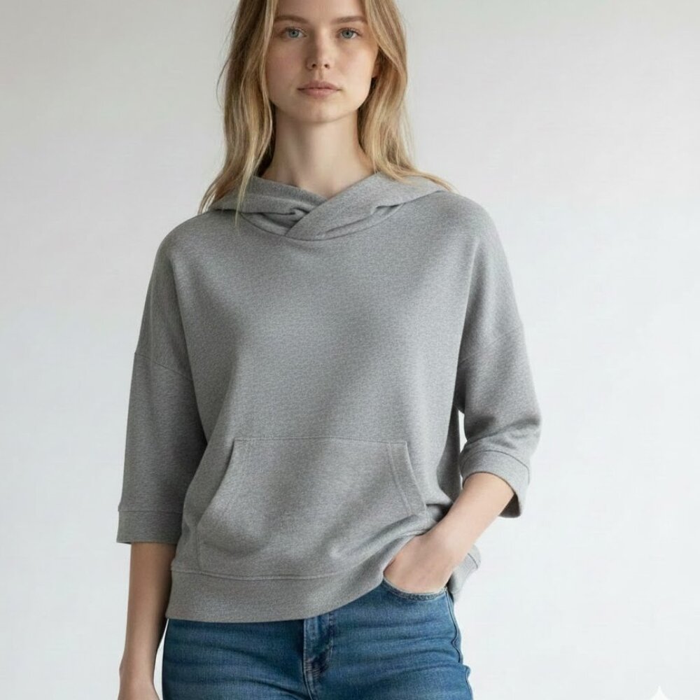 James Perse Gray Hooded Hoodie Sweatshirt 3/4 Sleeve Pullover Pockets Women's 4
